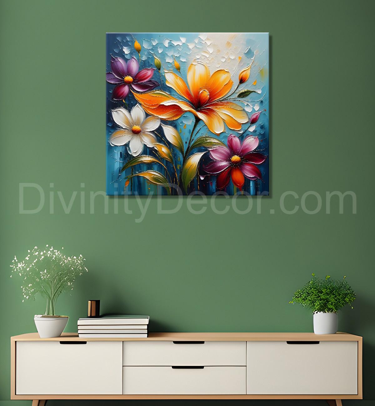 Colourful flowers in blue background textured painting - Flower-S-53