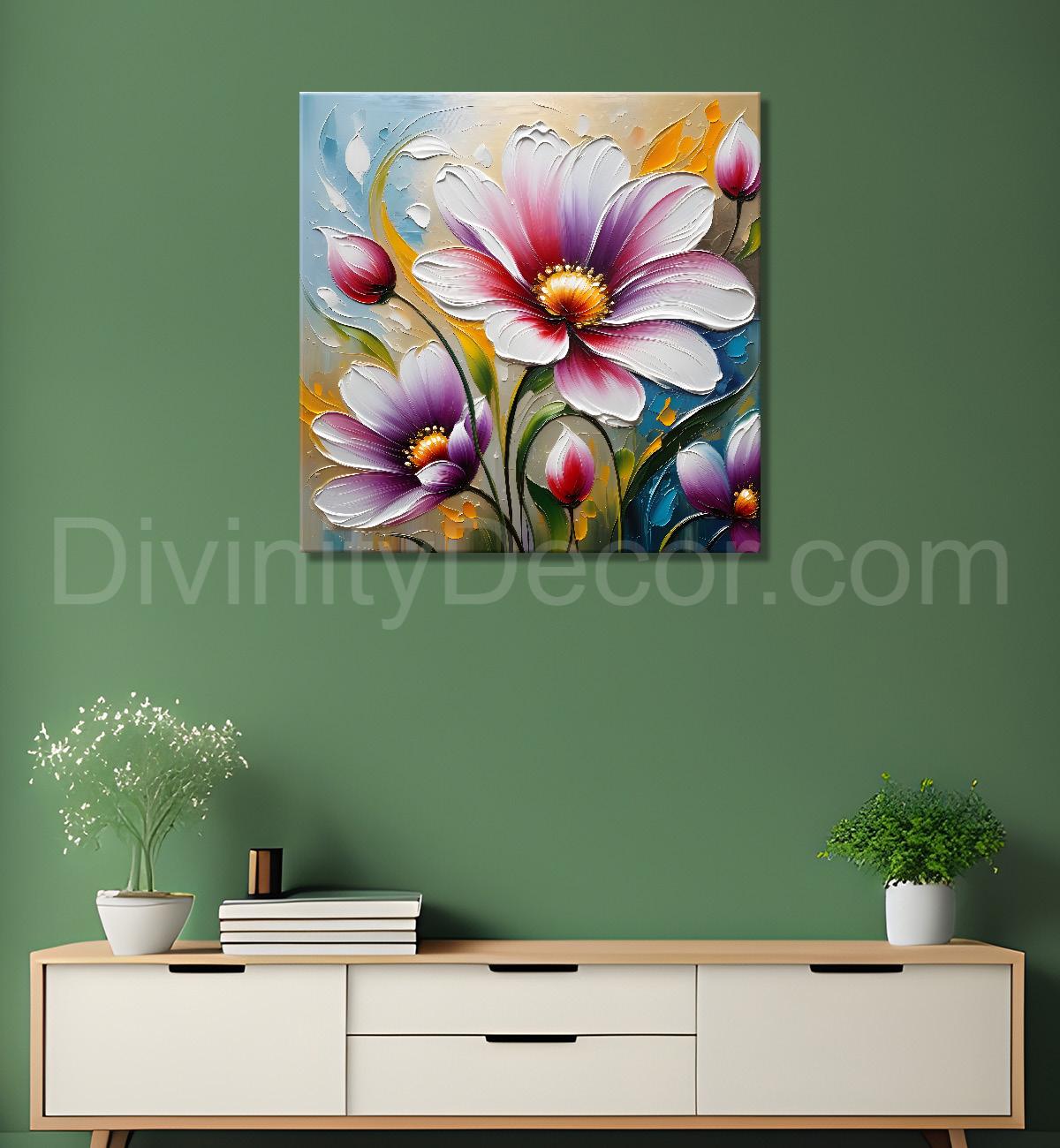 Purple flower in blue background textured painting  - Flower-S-54