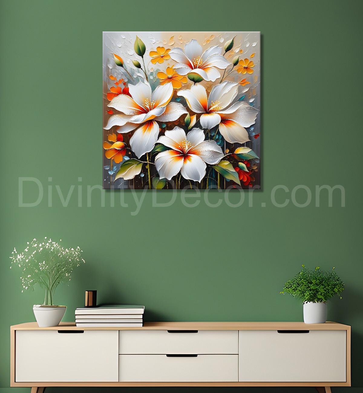 White flowers in grey and yellow background textured painting  - Flower-S-55