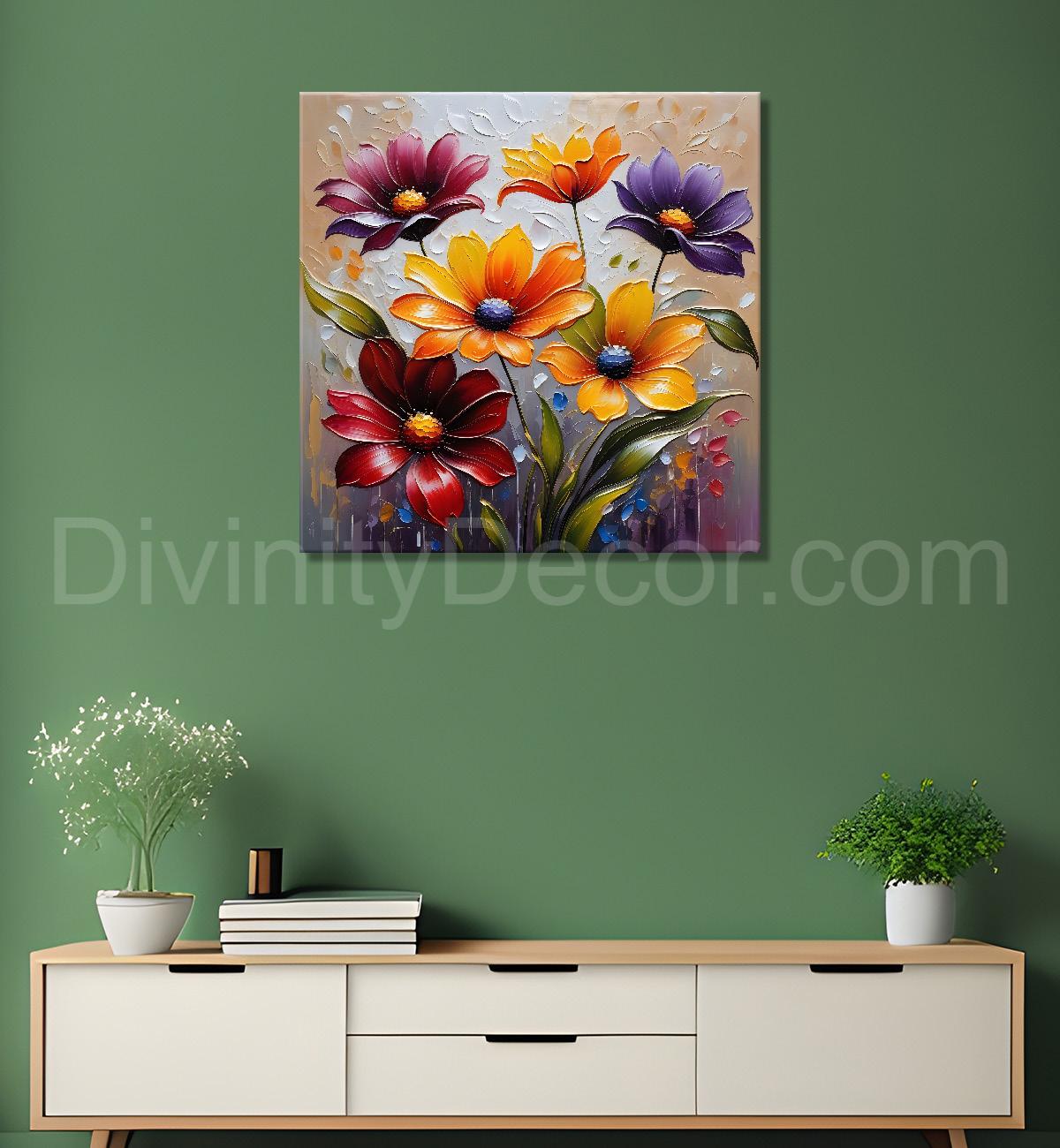 Colourful flowers in light brown background textured painting - Flower-S-56