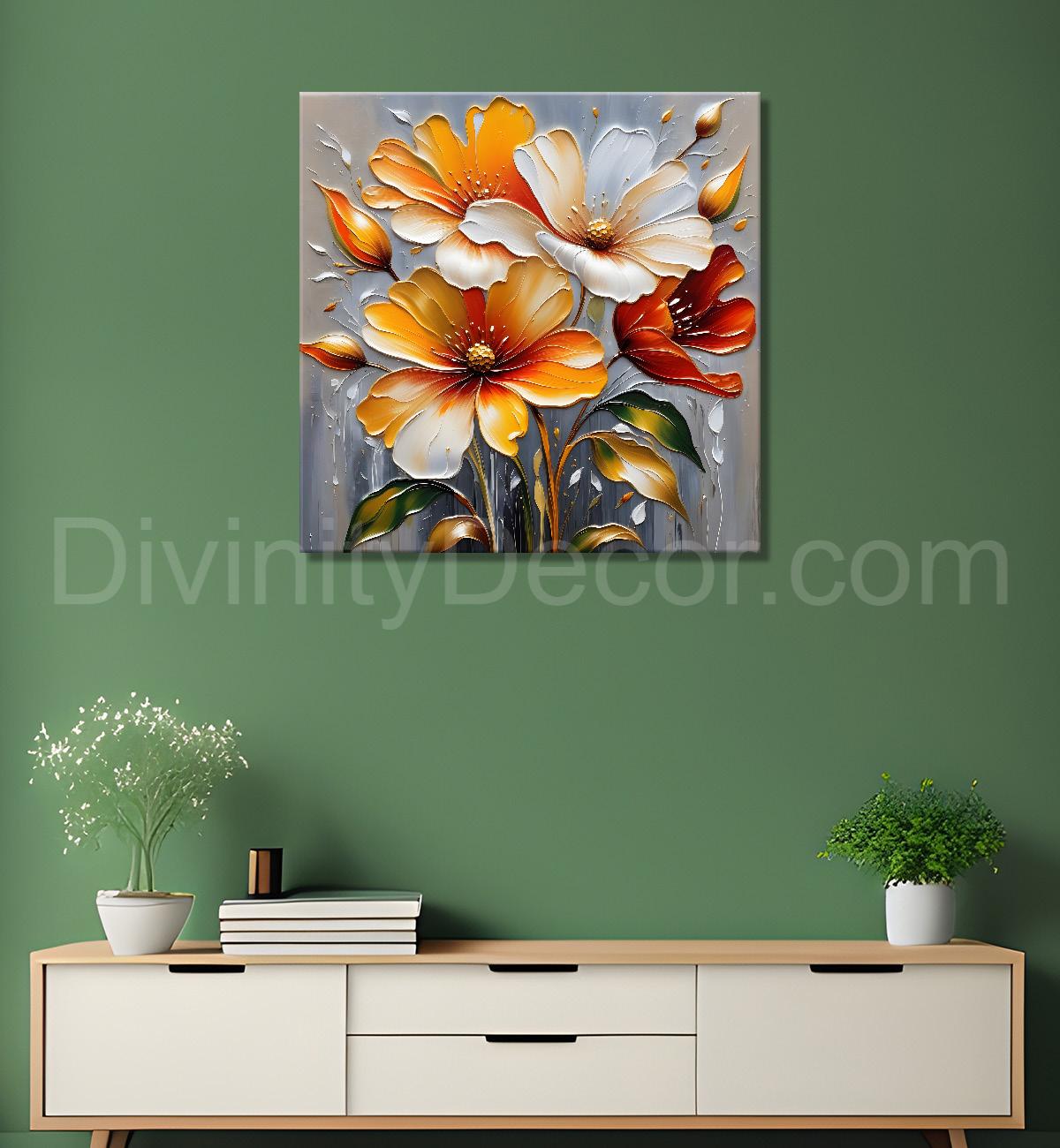 Colourful flowers in light brown background textured painting - Flower-S-57