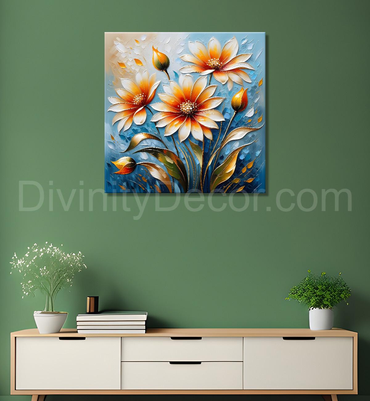 Orange flowers in blue background textured painting - Flower-S-58
