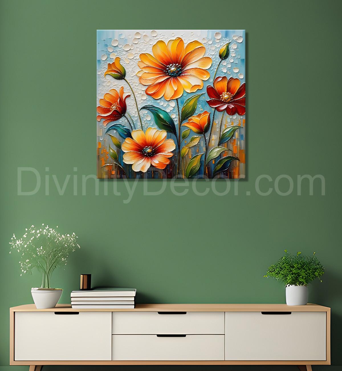Colourful flowers in blue background textured painting - Flower-S-59