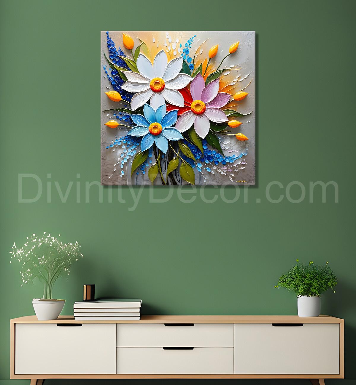 Colourful flowers in grey background textured painting - Flower-S-61