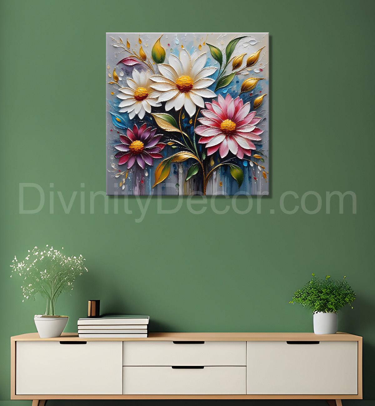 Colourful flowers in grey background textured painting - Flower-S-62