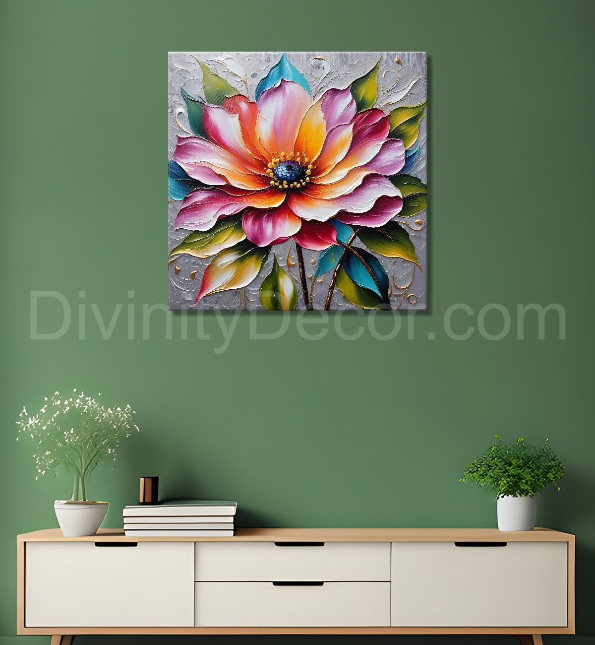 Pink flowers in grey background textured painting  - Flower-S-63