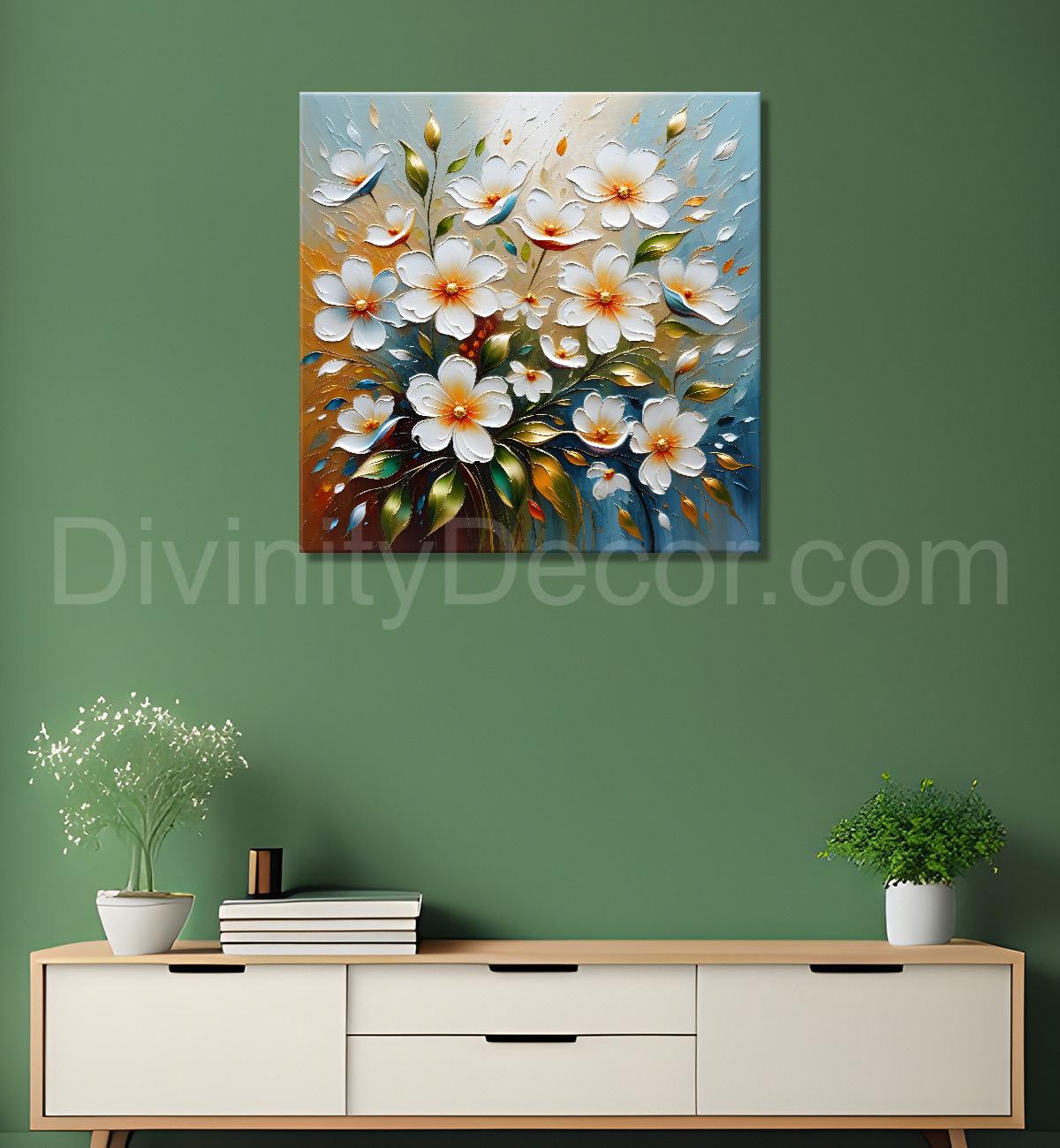 White flowers in grey background textured painting  - Flower-S-64