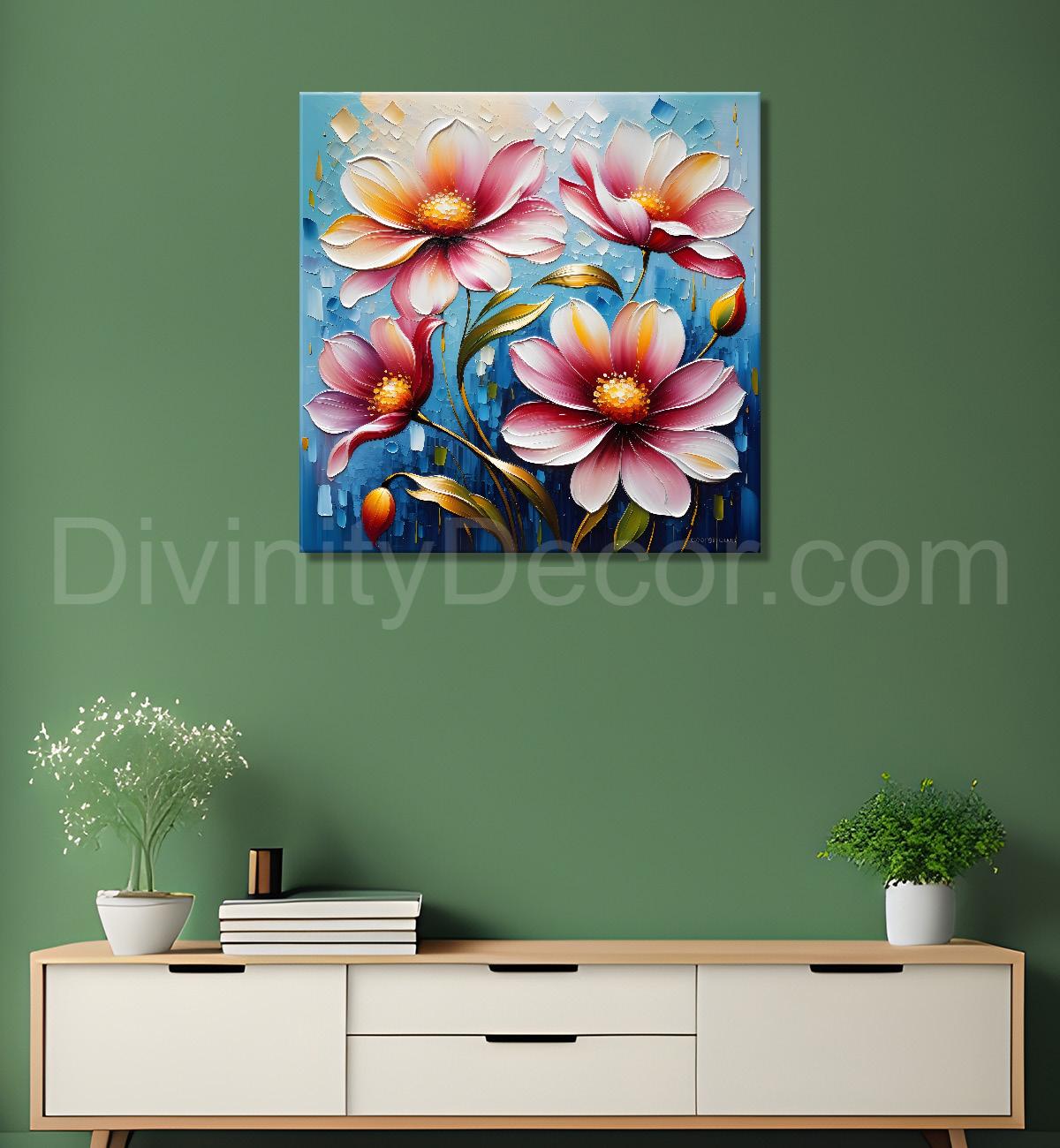 Pink flowers in blue background textured painting - Flower-S-65