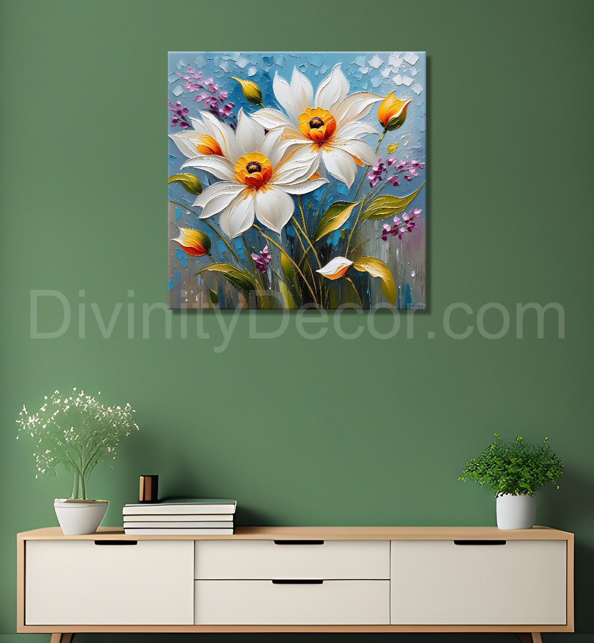 White flowers in blue background textured painting - Flower-S-66
