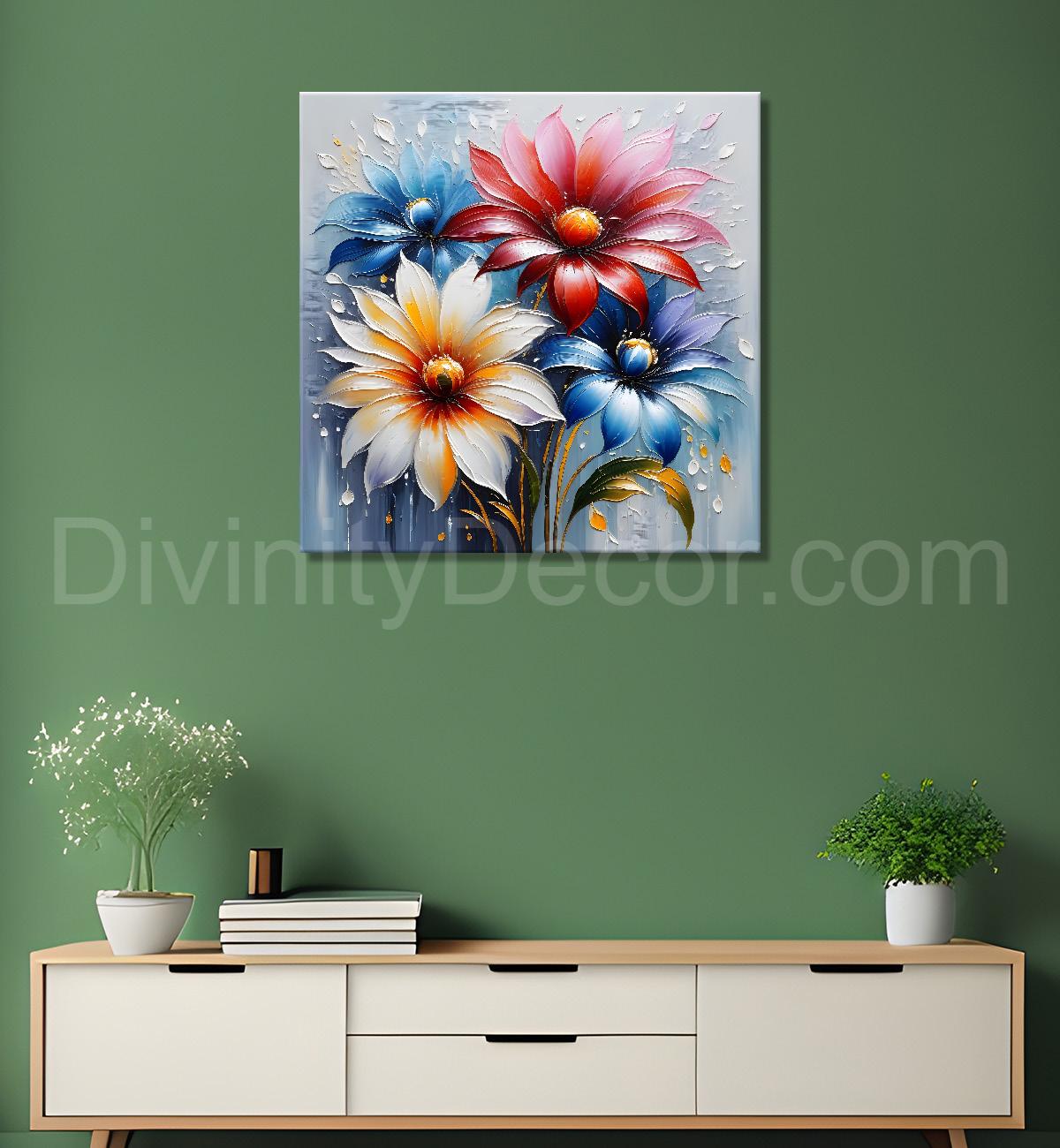 Colourful flowers in grey background textured painting  - Flower-S-67