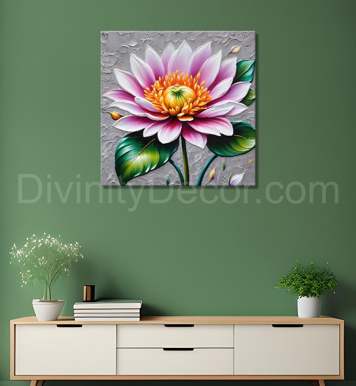 Pink flower in grey background  textured painting   - Flower-S-69