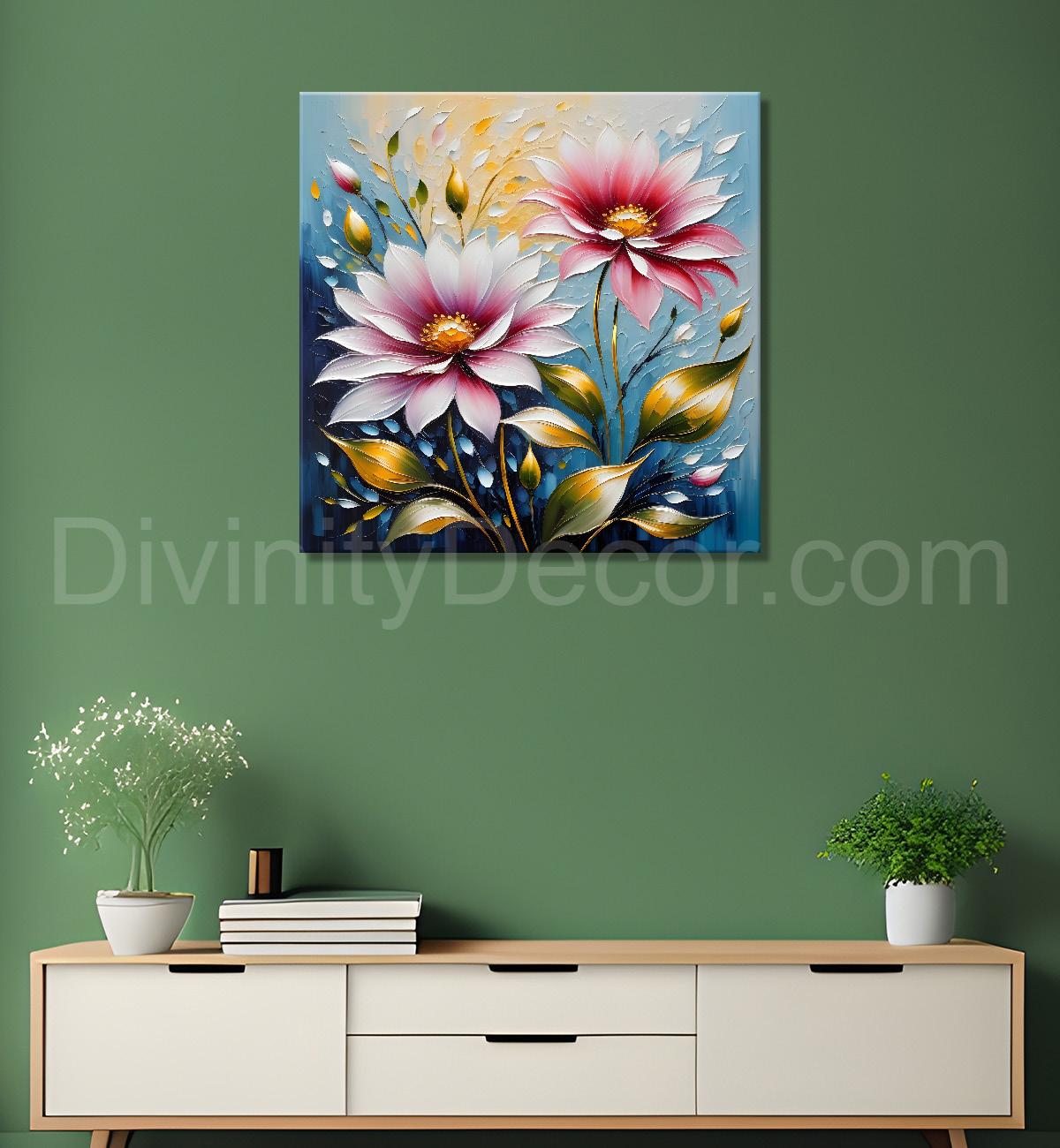 Pink flowers in blue background textured painting   - Flower-S-70
