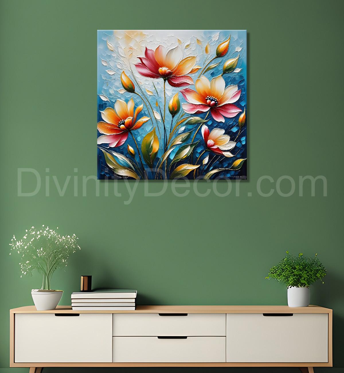 Peach flowers in blue background textured painting - Flower-S-71
