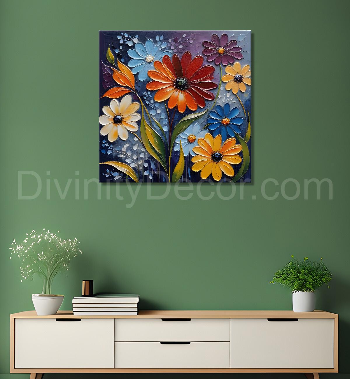 Colourful flowers in dark background  textured painting - Flower-S-72