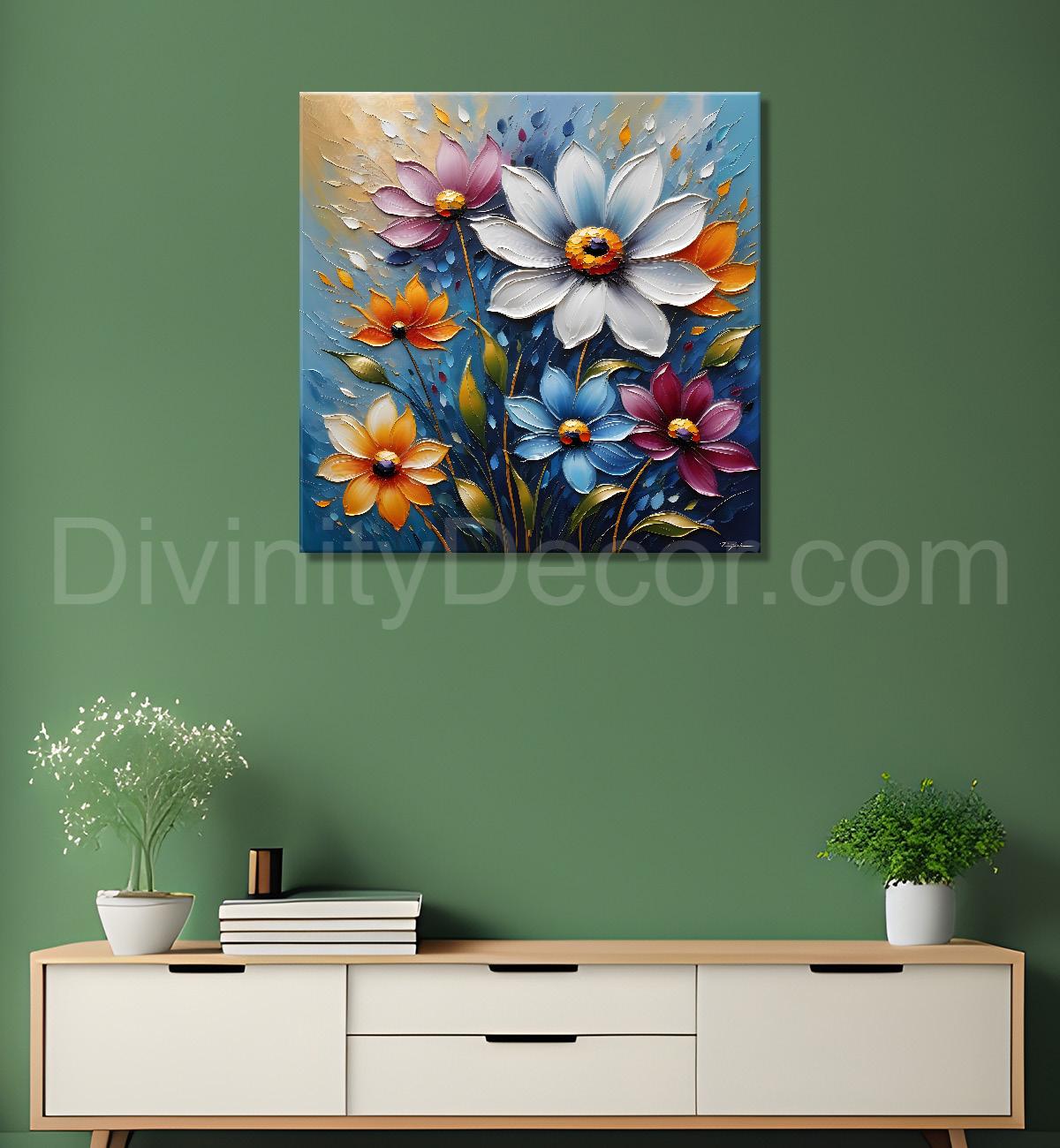 Colourful flowers in blue background  textured painting  - Flower-S-73