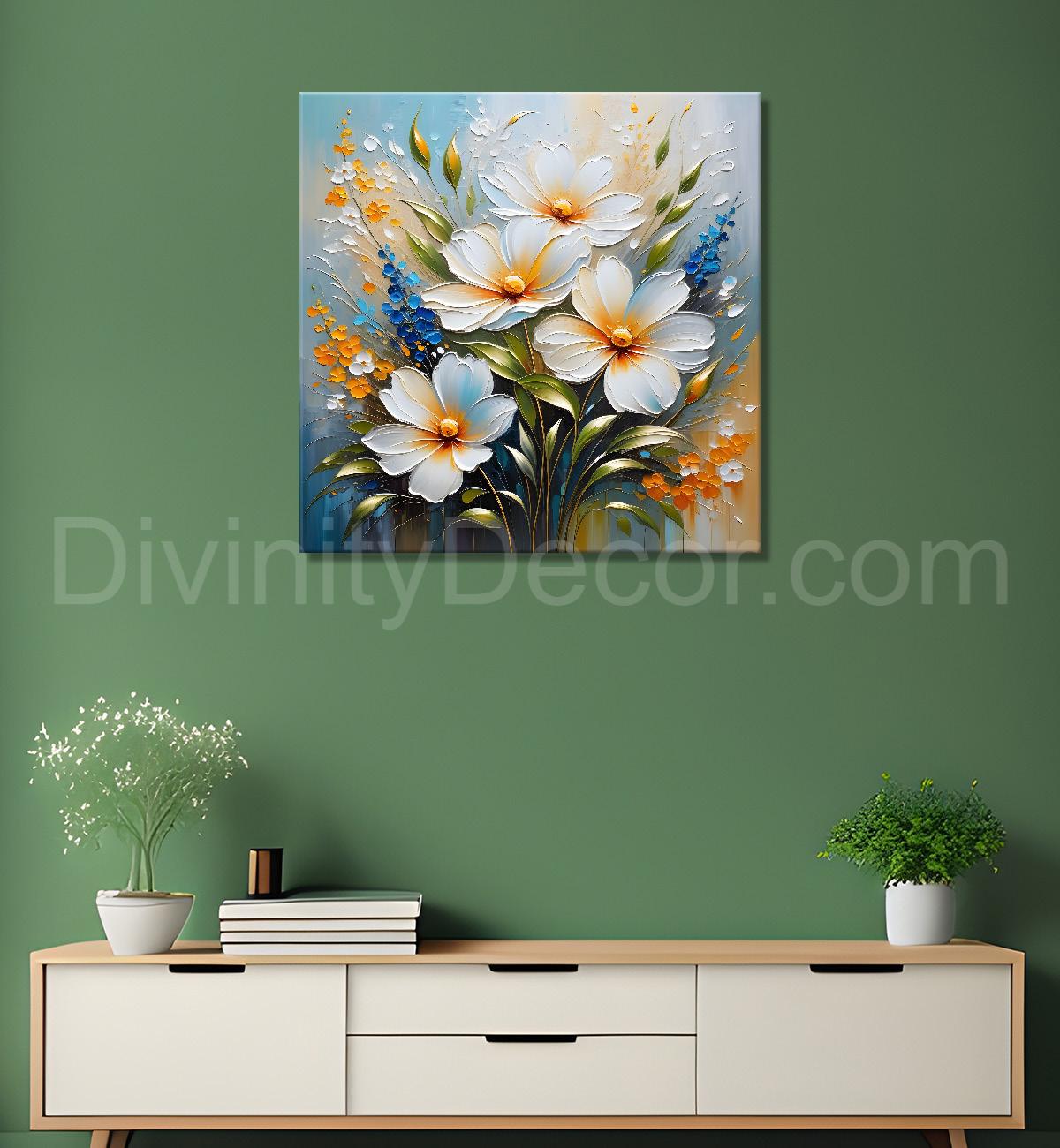 White flowers in blue background  textured painting  - Flower-S-74