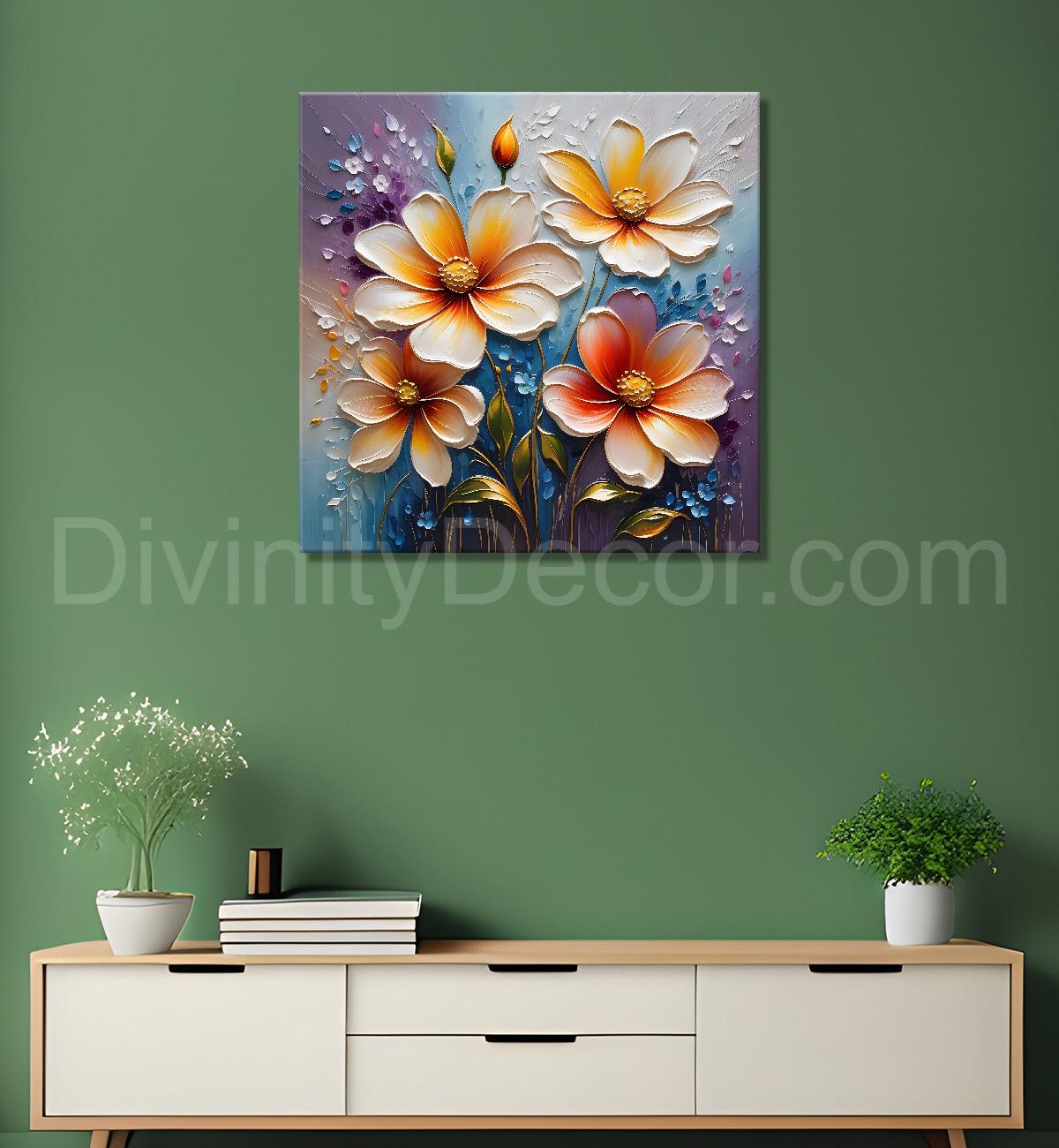 Peach flowers in blue background textured painting   - Flower-S-75