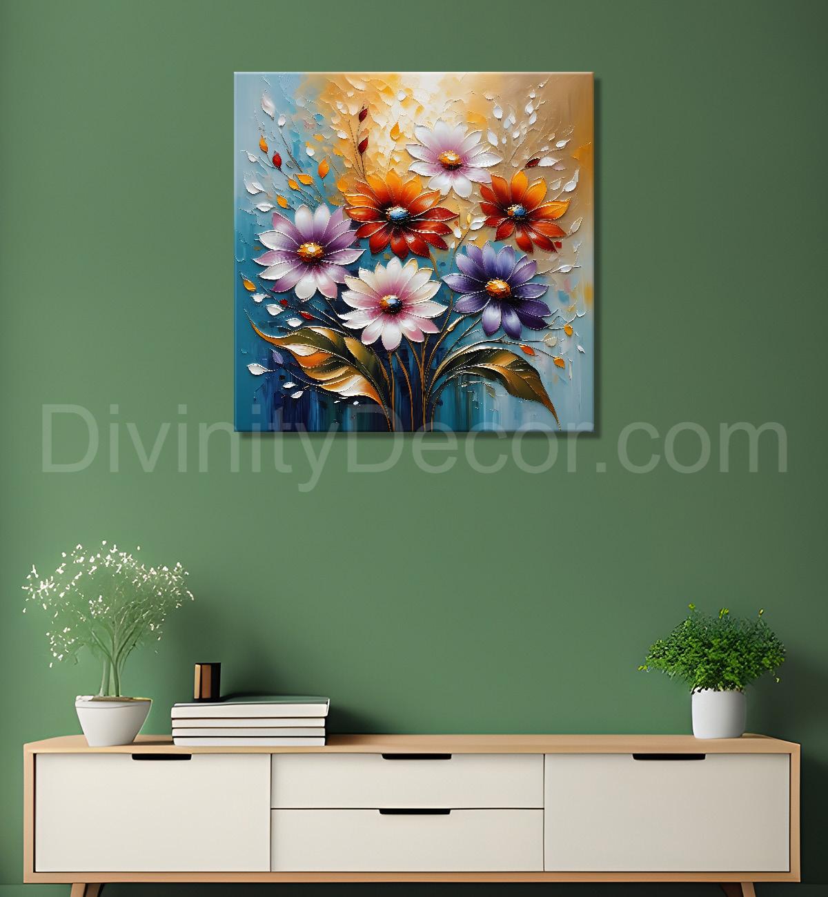 Colourful flowers in blue  background  textured painting  - Flower-S-76