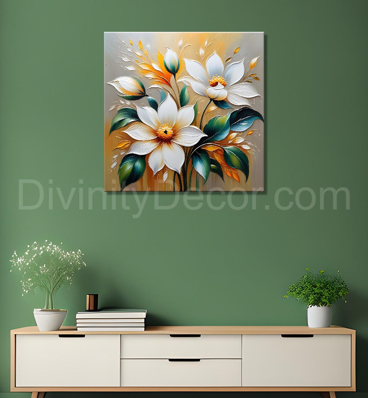 White flowers with grey background  textured painting - Flower-S-77