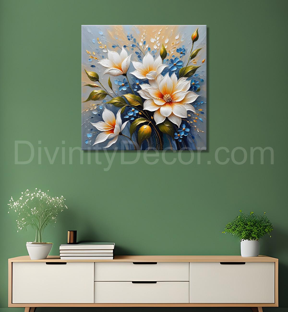 White flowers with grey background  textured painting - Flower-S-78