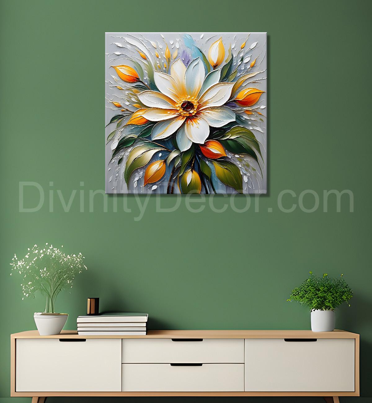 White flowers with grey background  textured painting  - Flower-S-79