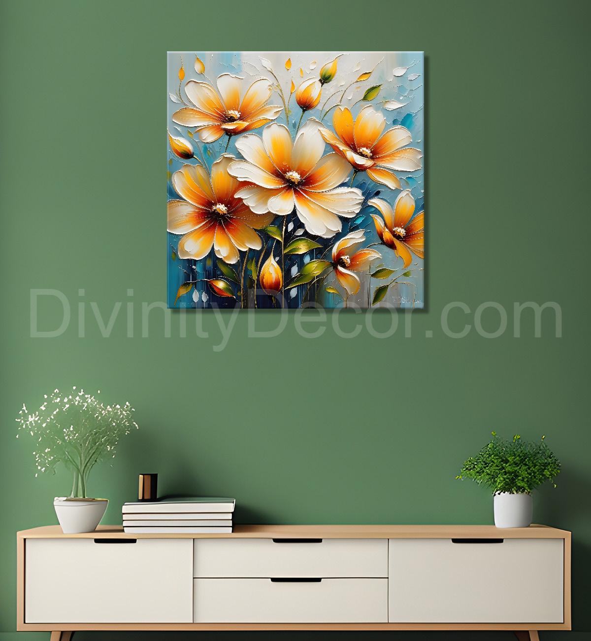 Orange flowers in sky blue background  textured painting  - Flower-S-80