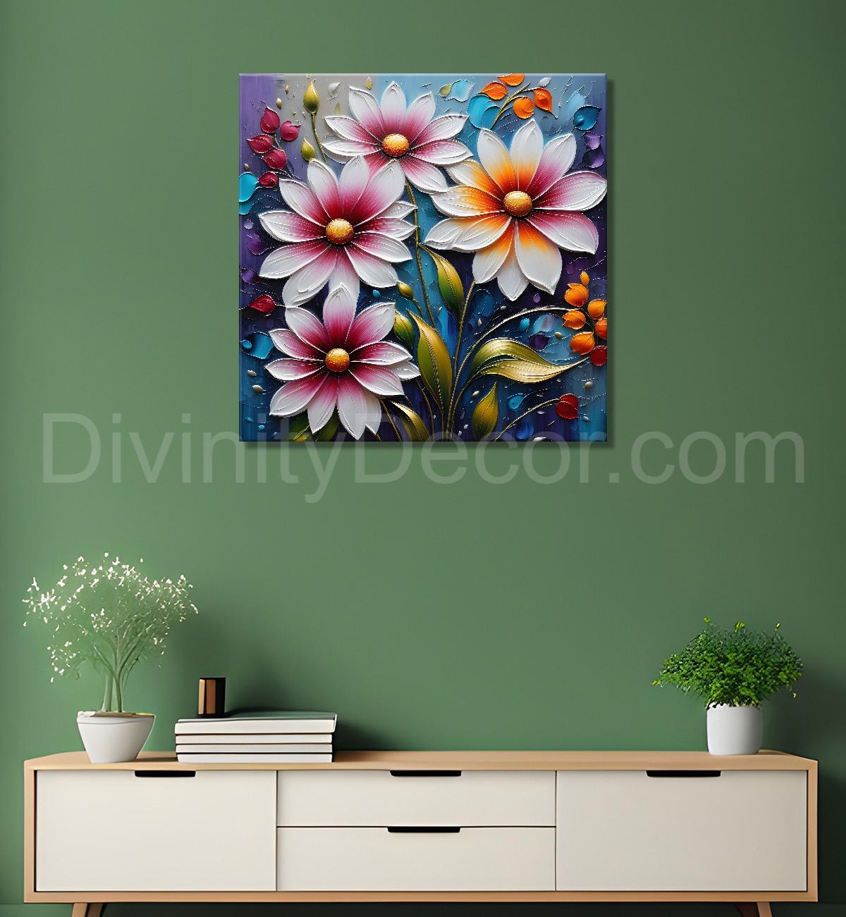 Purple flowers in blue background  textured painting  - Flower-S-81