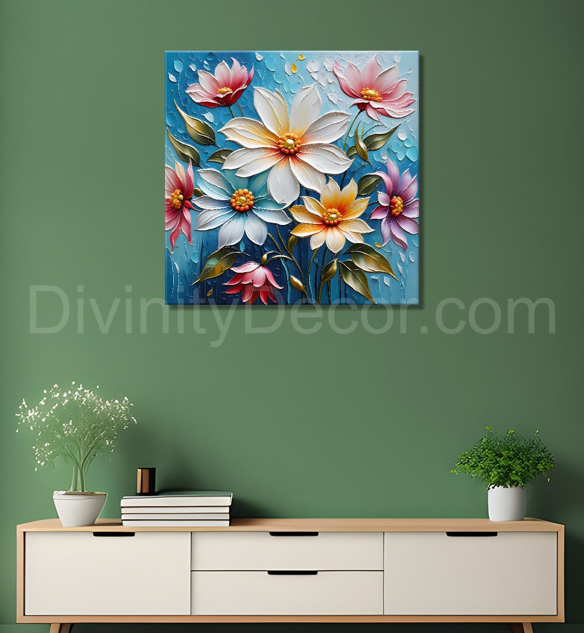White flowers in blue background  textured painting  - Flower-S-82