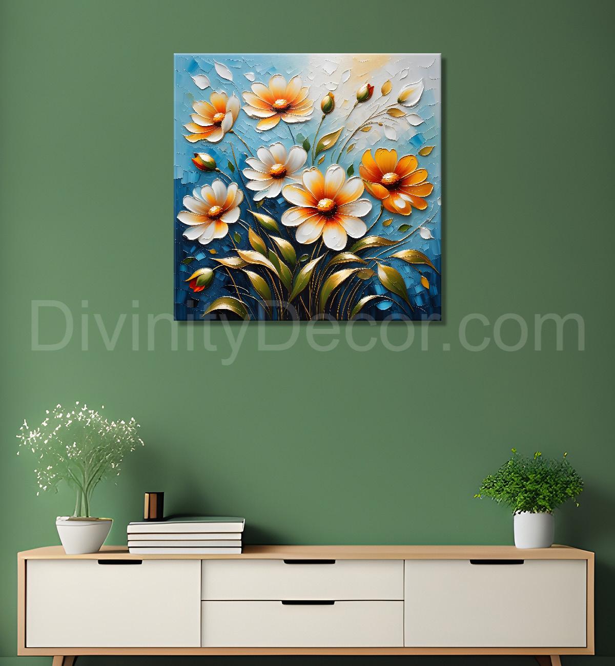White and orange flowers in blue textured painting  - Flower-S-83