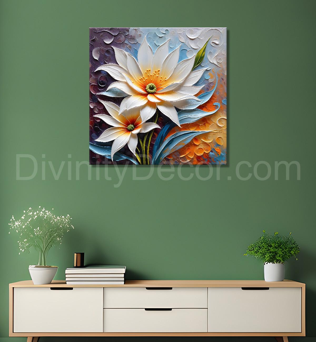 White flowers in colourful background textured painting - Flower-S-84