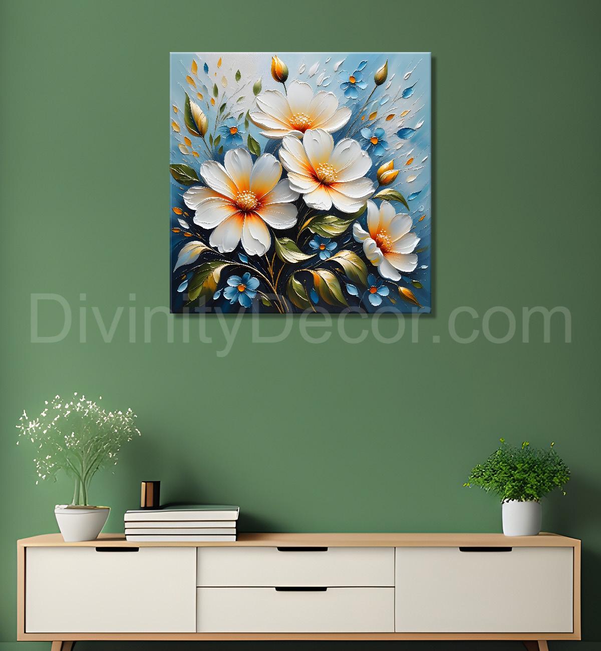 White flowers in blue background textured painting - Flower-S-85