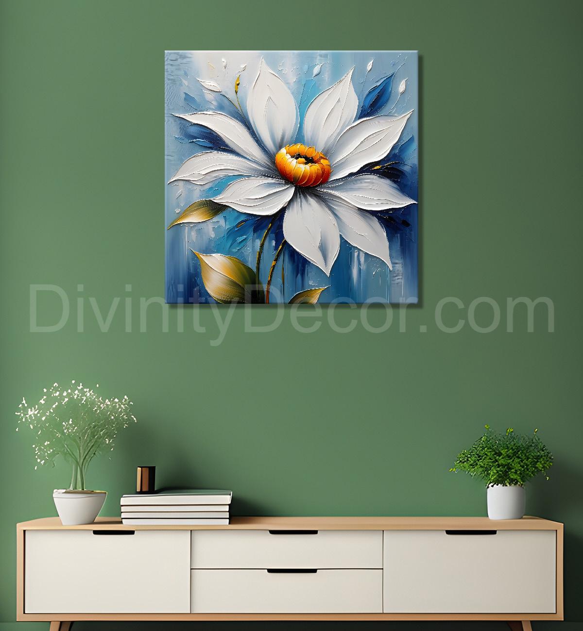 White flowers in blue  background textured painting - Flower-S-87