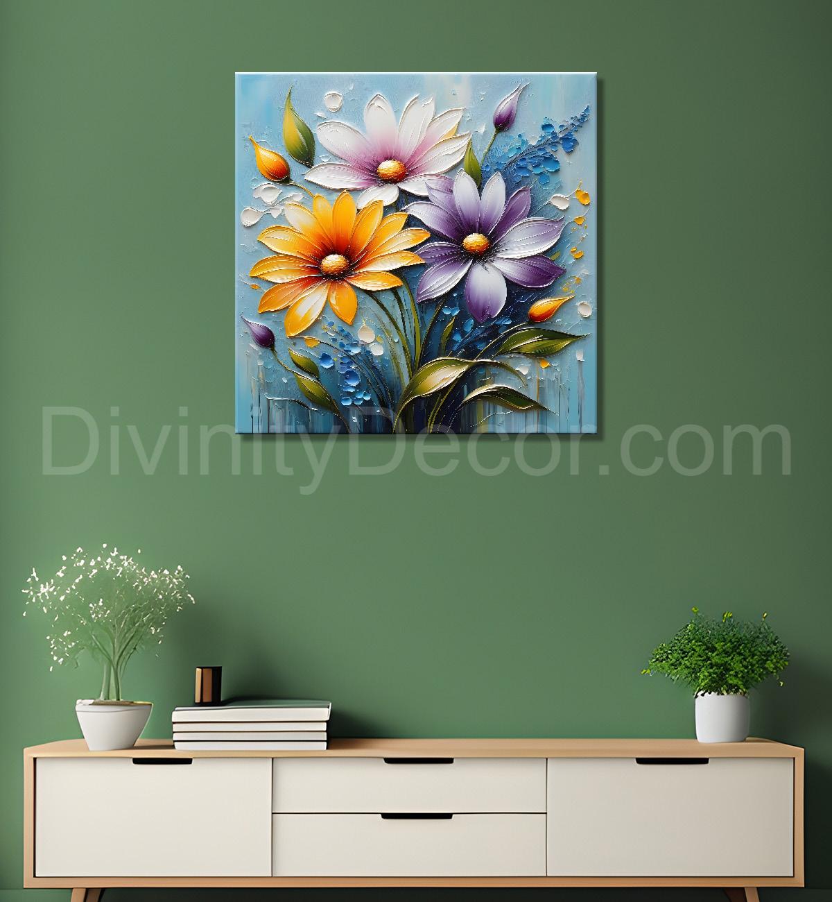 Orange and purple flowers in blue background textured painting - Flower-S-88