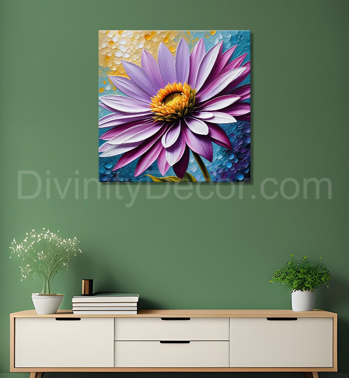 Purple flower in blue background textured painting - Flower-S-89