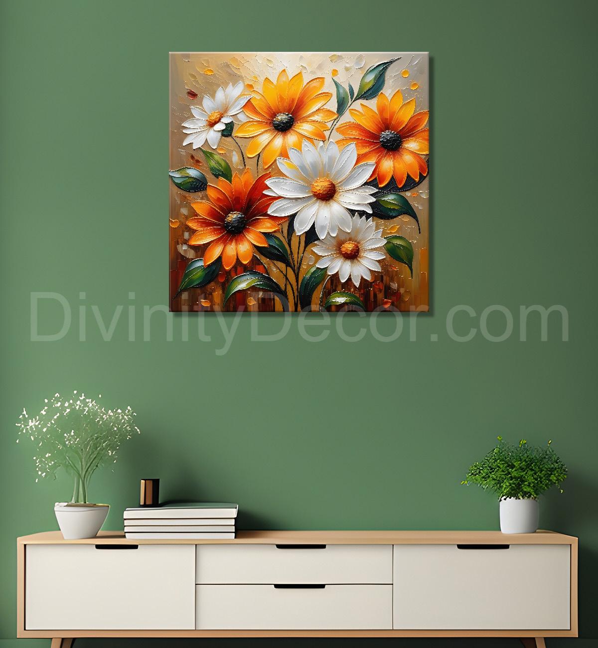 Orange and white flowers in light brown textured painting - Flower-S-91