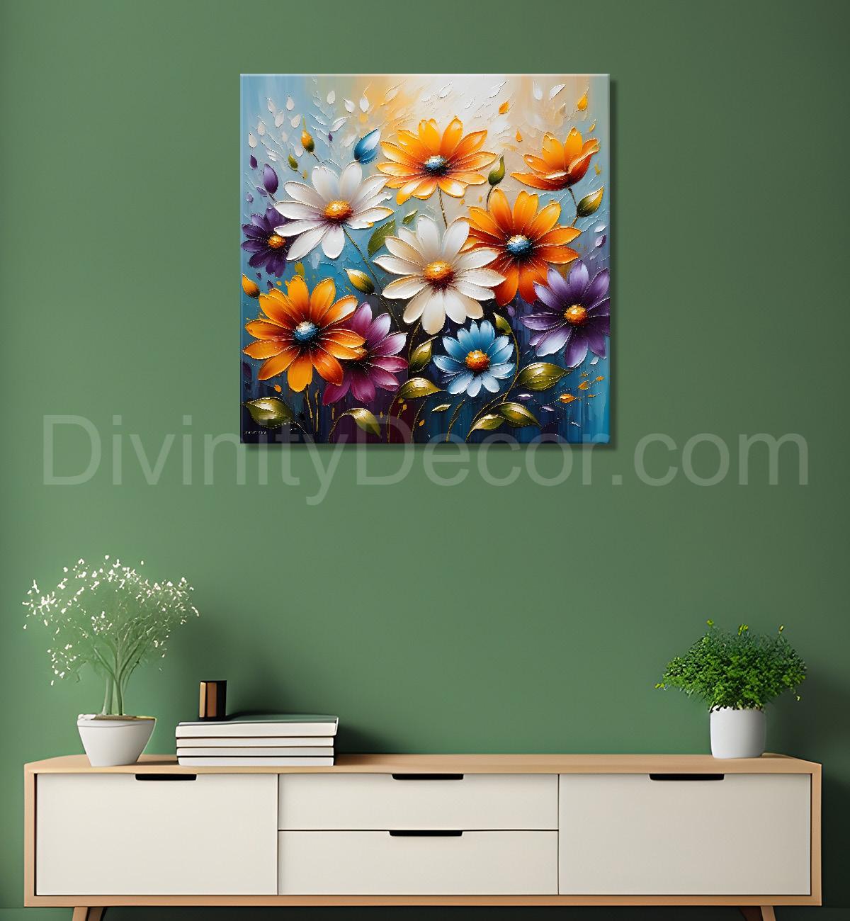 Colourful flowers in grey background textured painting  - Flower-S-93