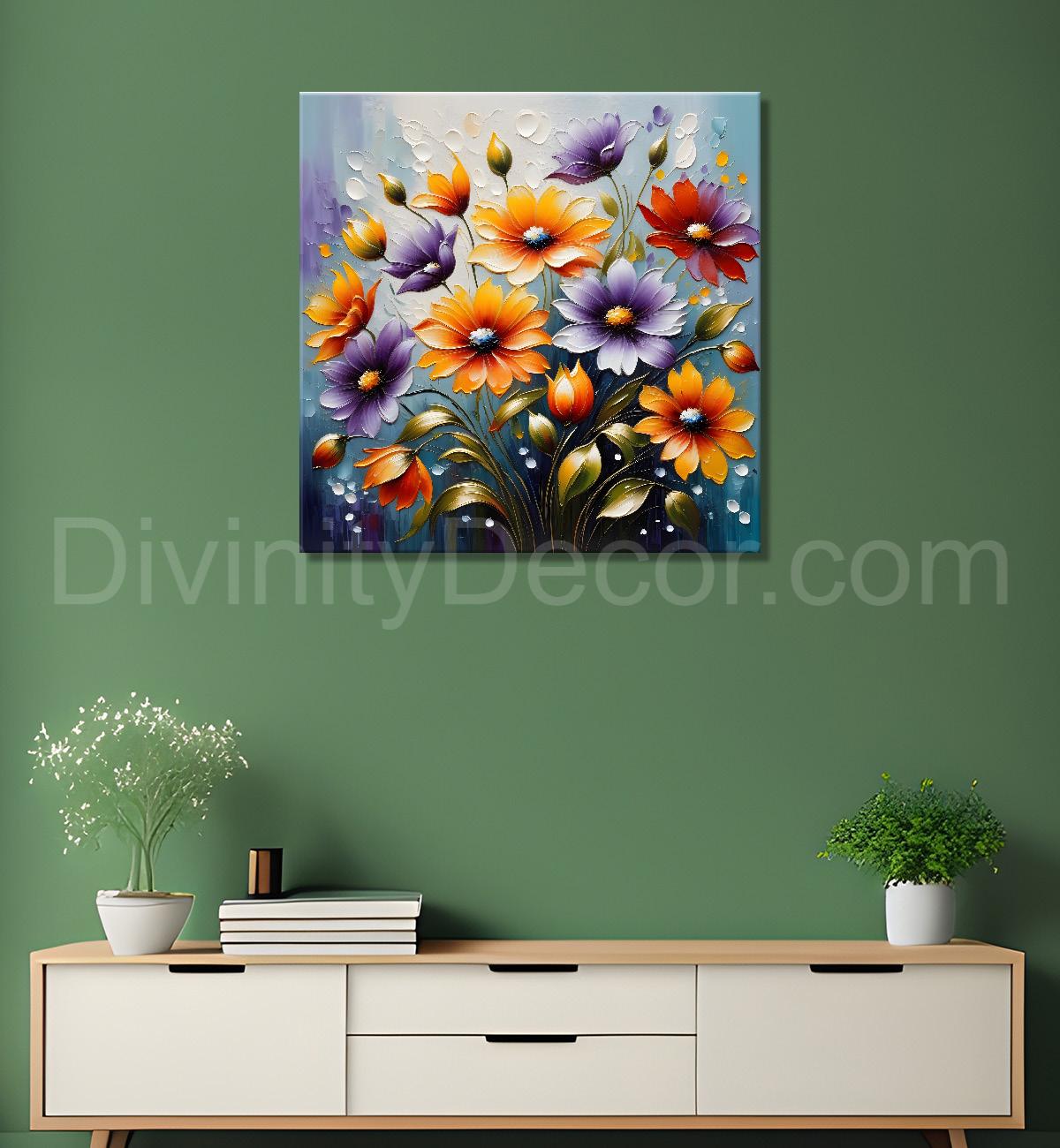 Colourful flowers in grey background textured painting - Flower-S-96