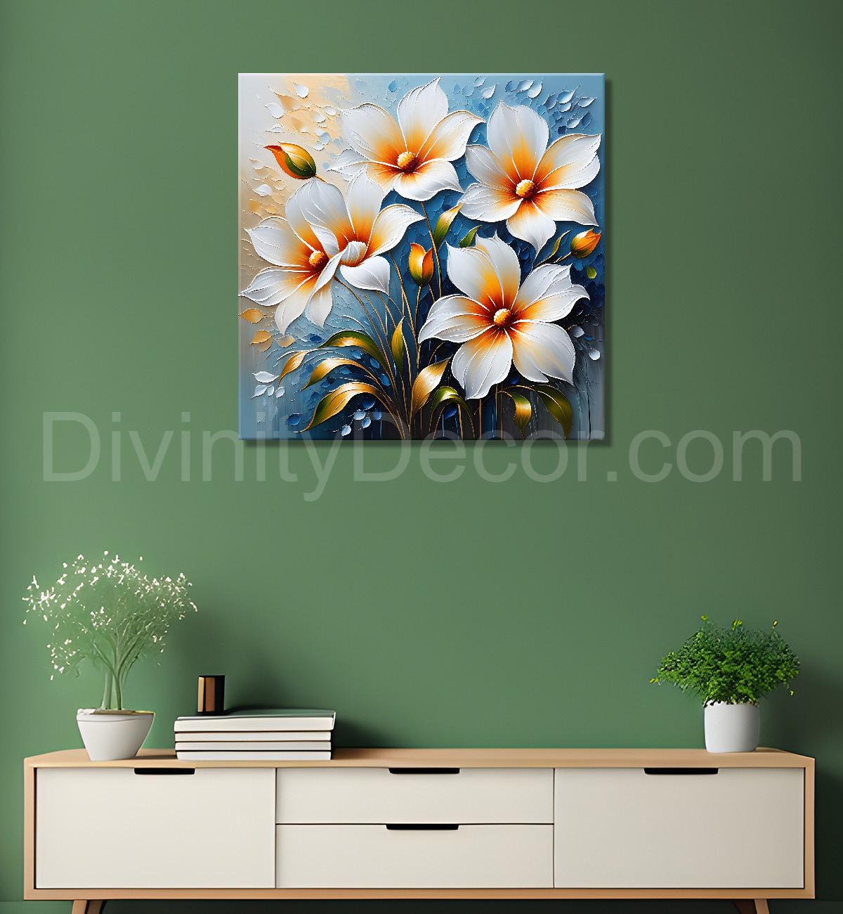 White flowers in blue background textured painting  - Flower-S-98