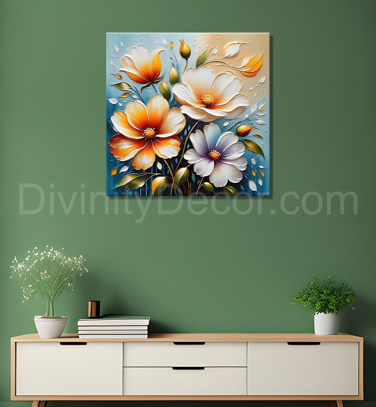 Peach flowers in blue background textured painting - Flower-S-100