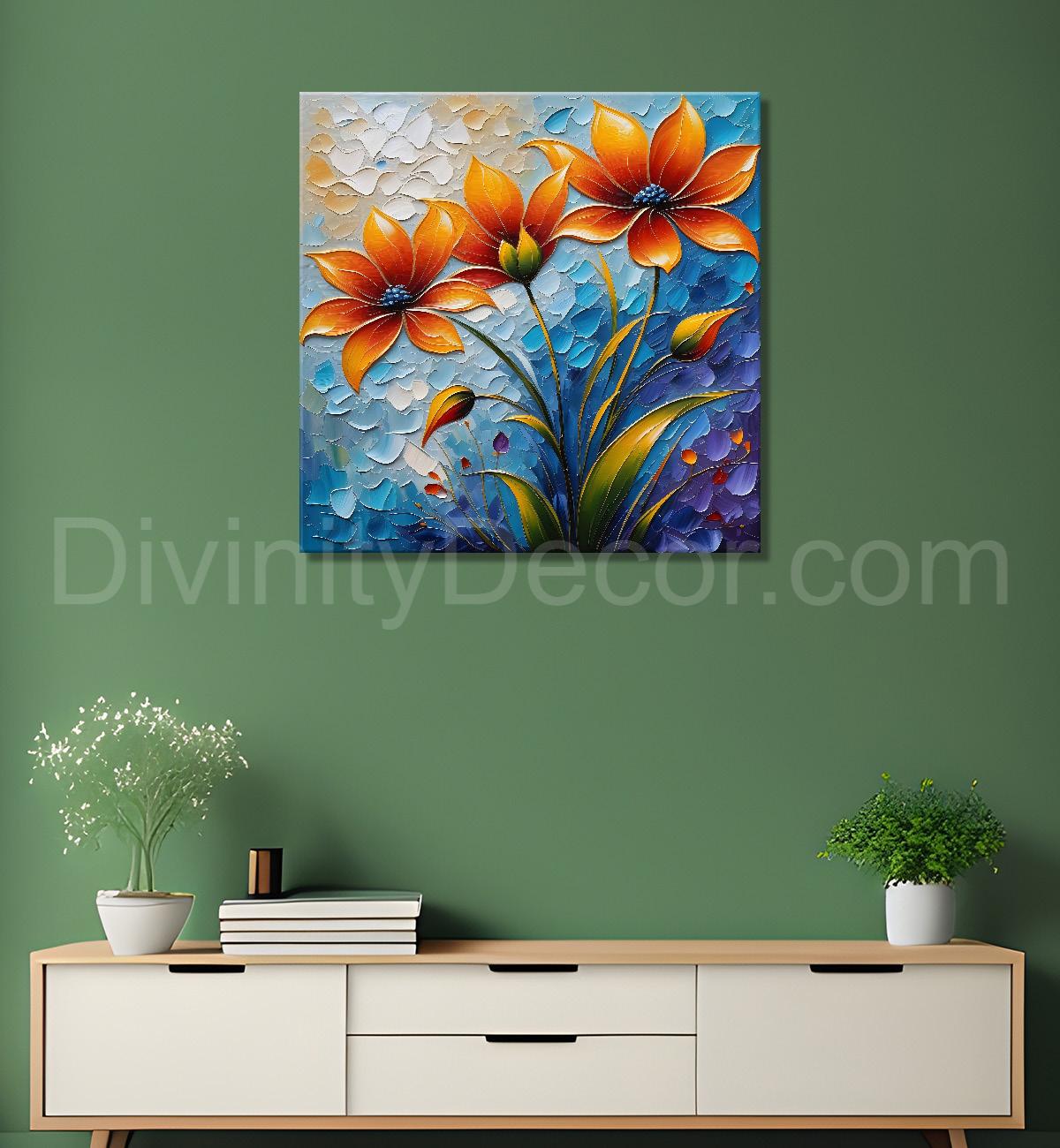 Orange flowers in blue background textured painting - Flower-S-101