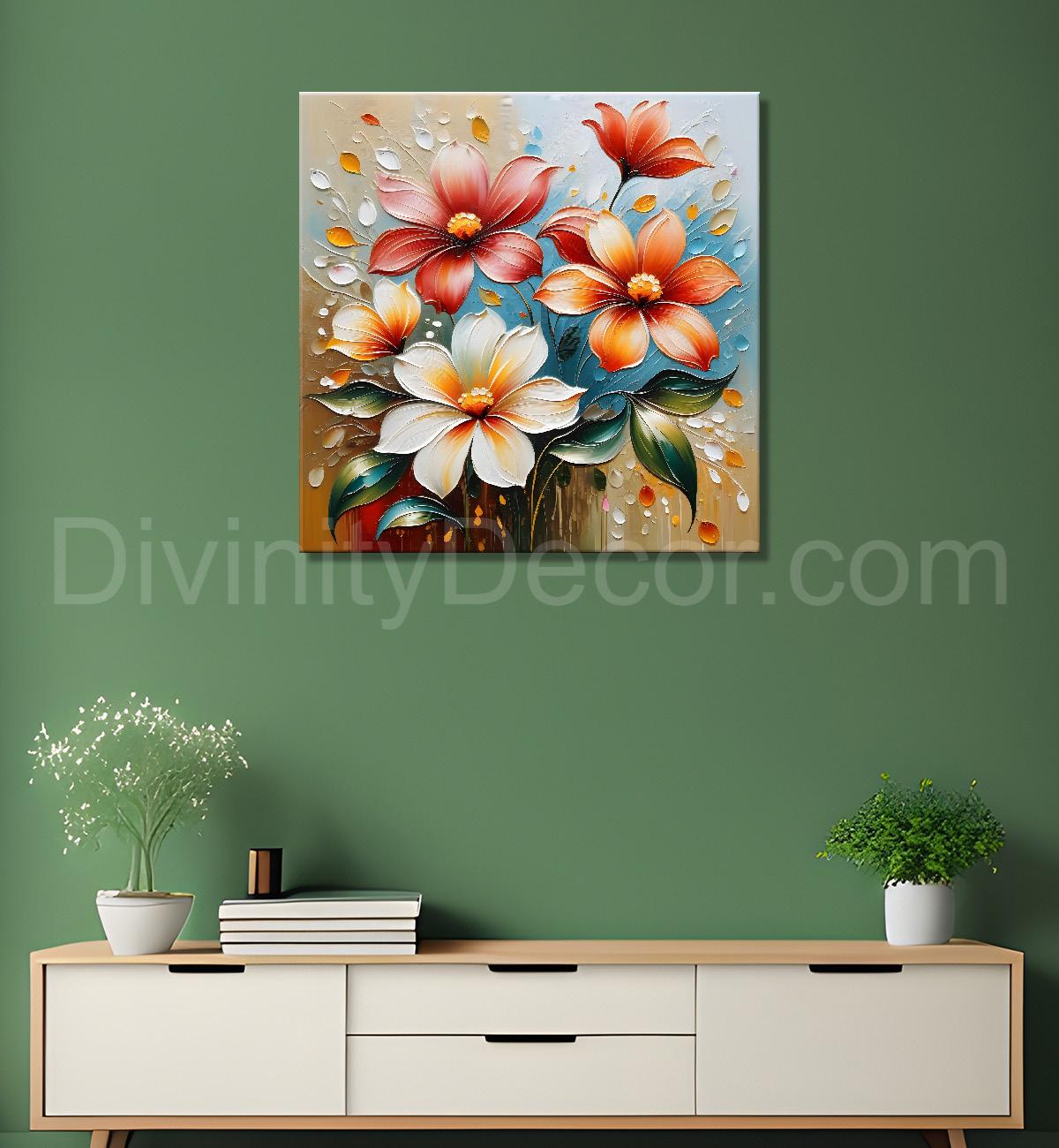 White and orange flowers in light brown textured painting - Flower-S-102