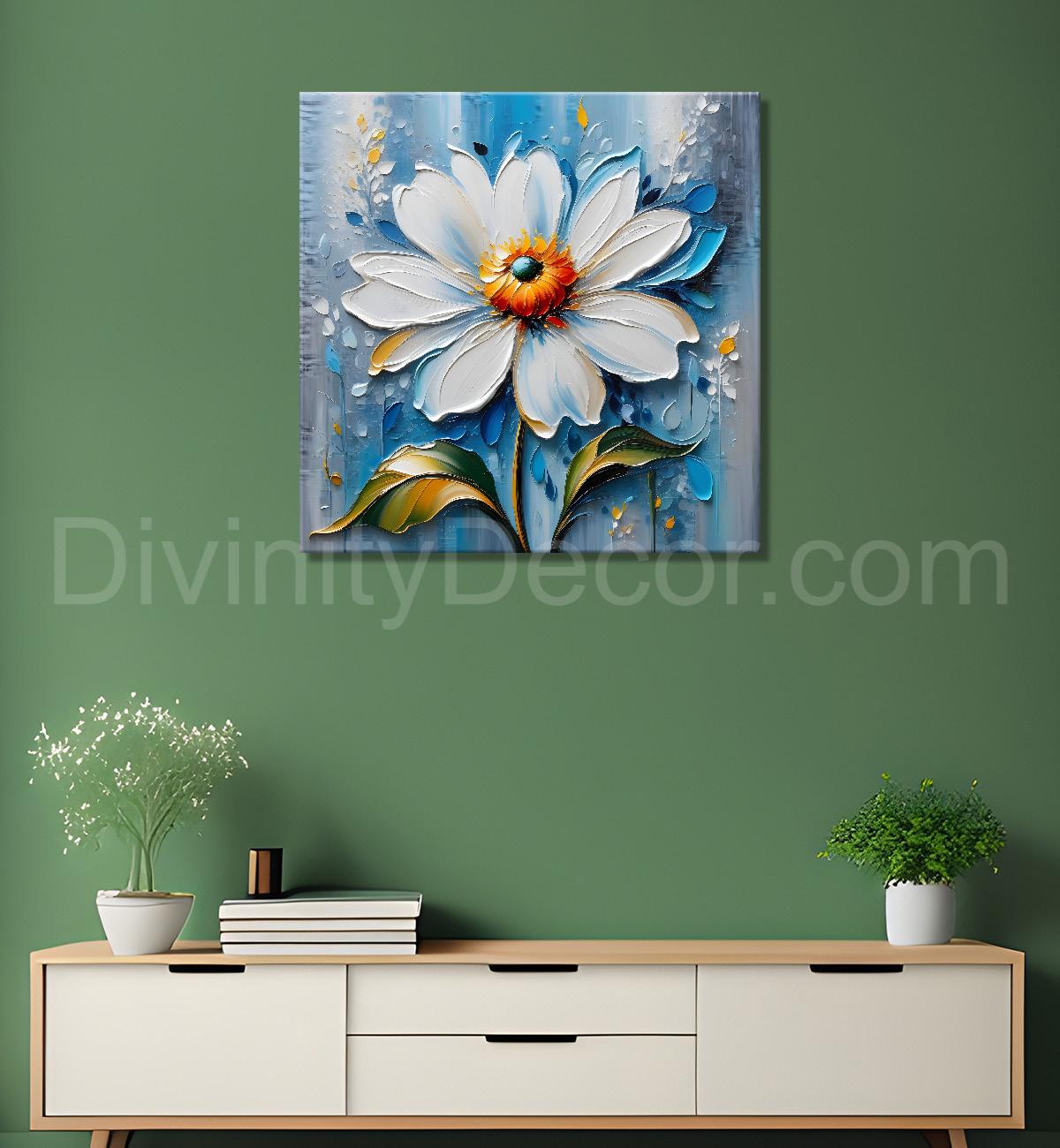 White flower in blue background textured painting - Flower-S-103