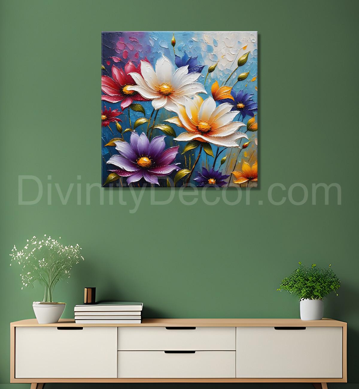 Colourful flowers in blue background textured painting - Flower-S-104