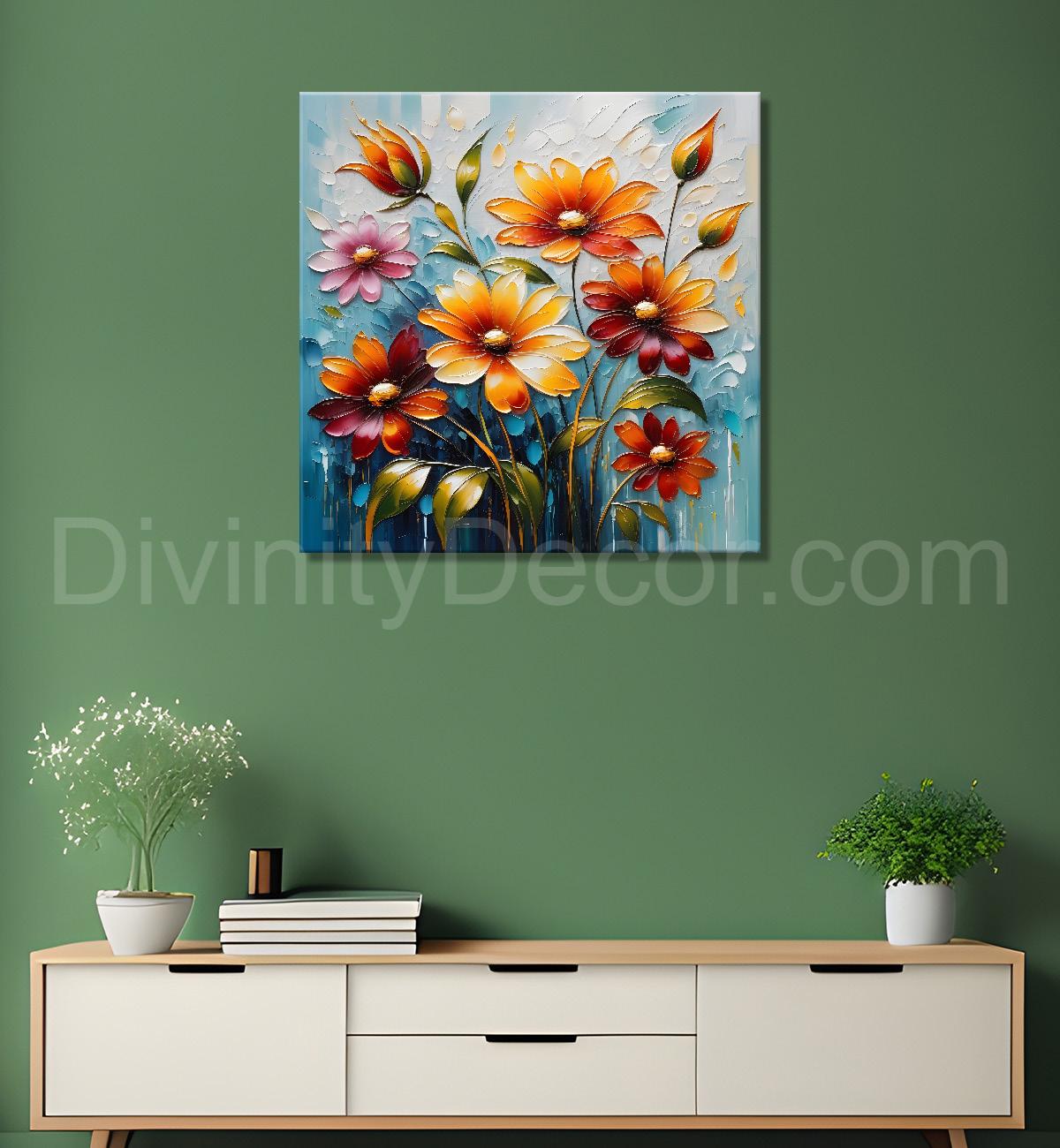 Orange flowers in grey textured painting - Flower-S-105