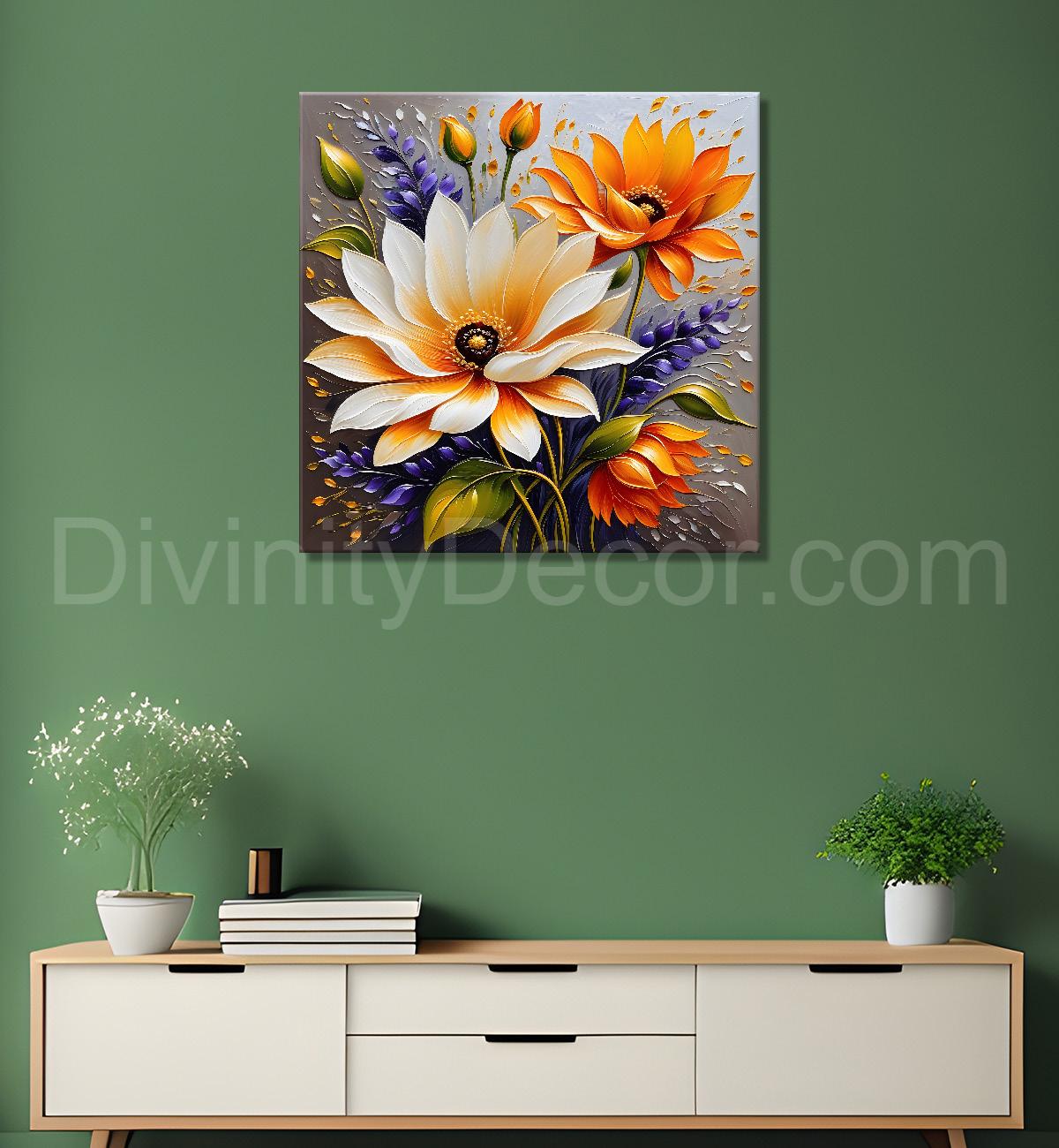 Orange and white flowers in light brown textured painting - Flower-S-106