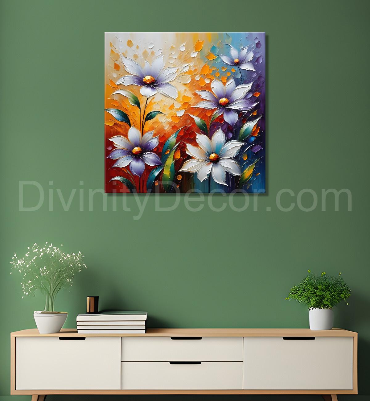 Purple flowers in yellow textured paitning - Flower-S-107