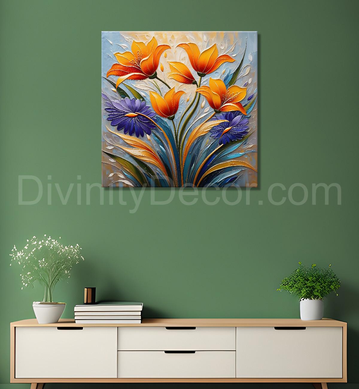 Orange flowers in grey textured painting  - Flower-S-108