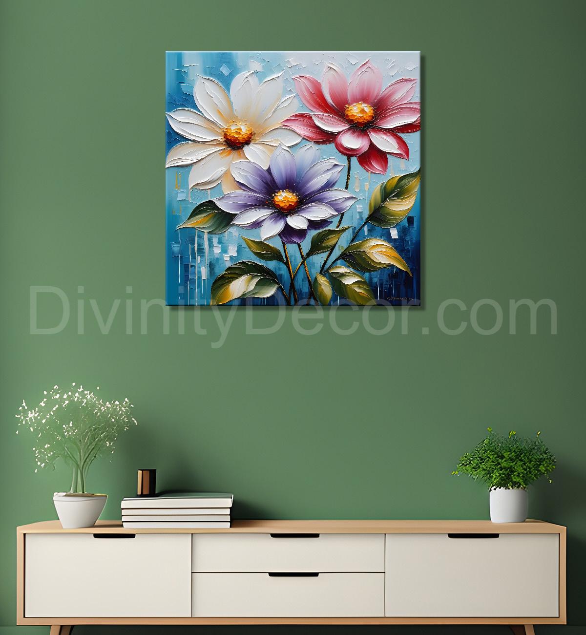 Colourful flowers in blue textured painting - Flower-S-109