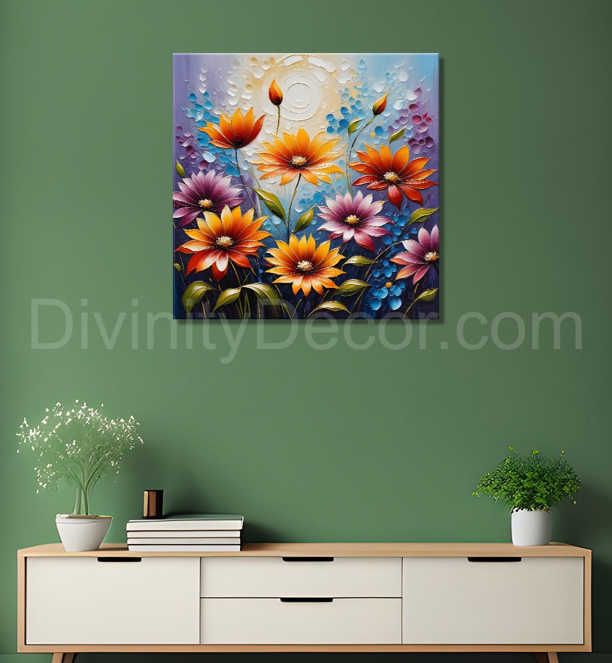 Colourful flowers in blue textured painting - Flower-S-111