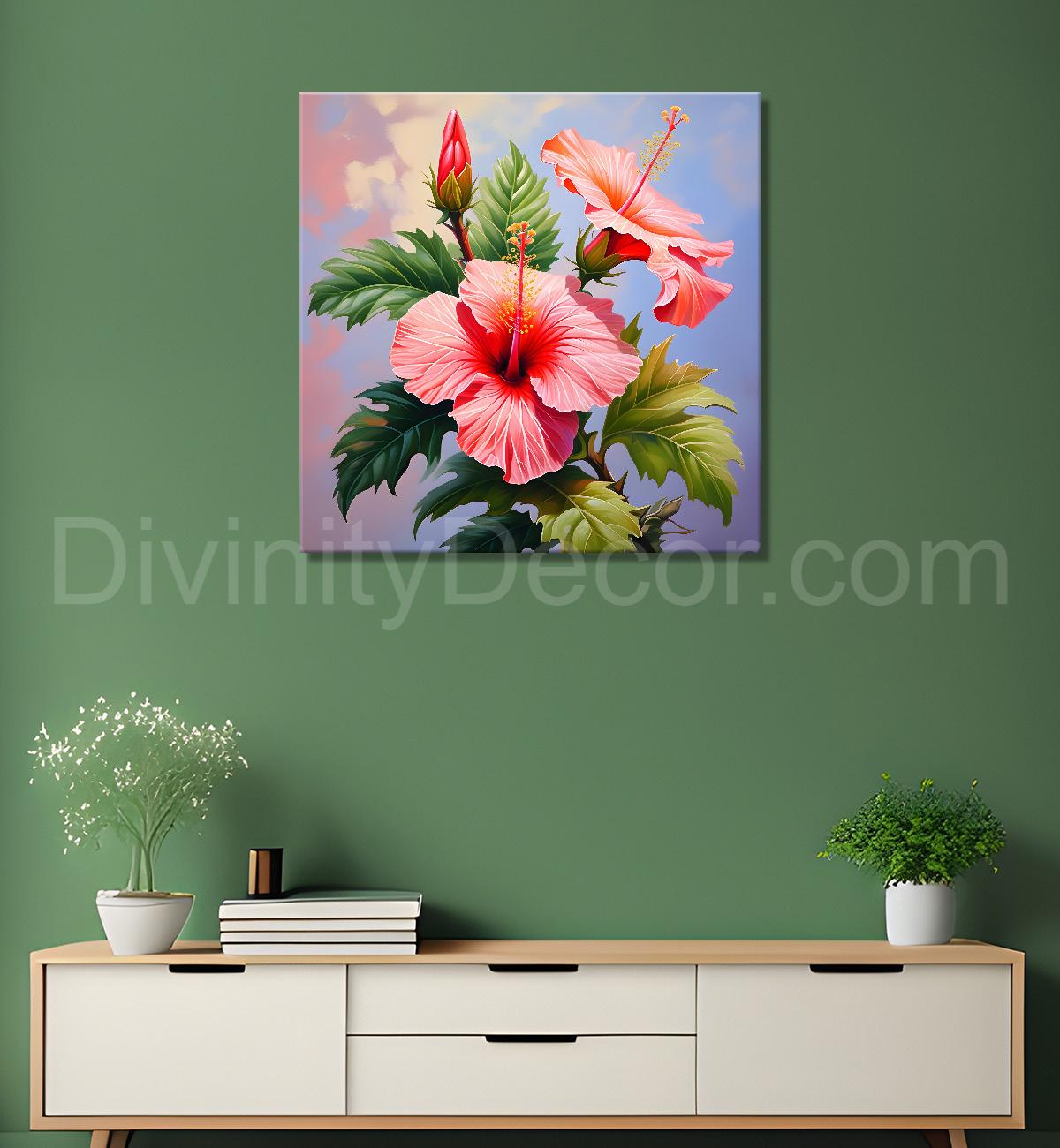 Hibiscus flowers in pink textued painting - Flower-S-115